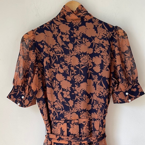 1901 Floral Print Pearl Button Pleated Chiffon Midi Dress L - Picture 6 of 13